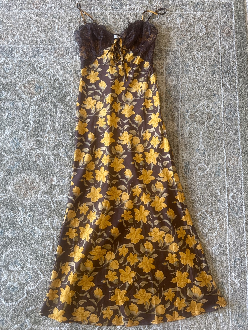 Nectar x Clothing Yellow Floral Satin Slip Dress with Lace